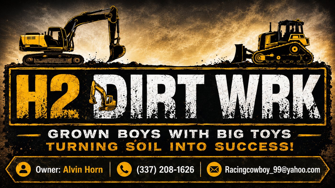 H2 Dirt Wrk — Grown Boys With Big Toys, Turning Soil Into Success. Owner: Alvin Horn, (337) 208-1626